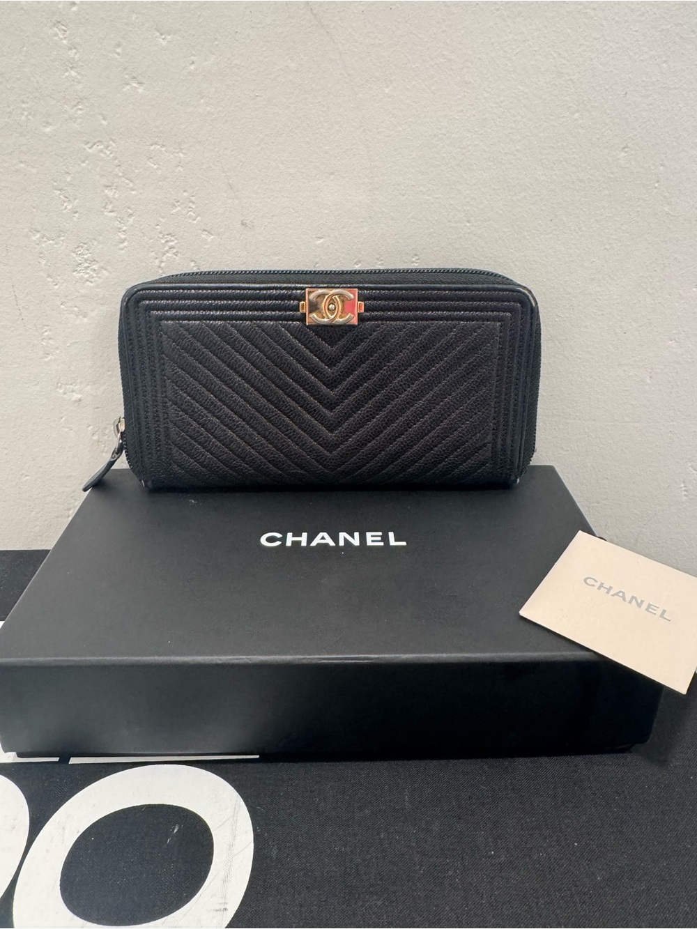 CHANEL Quilted Zip-Around Boy Wallet with silver CC Accent